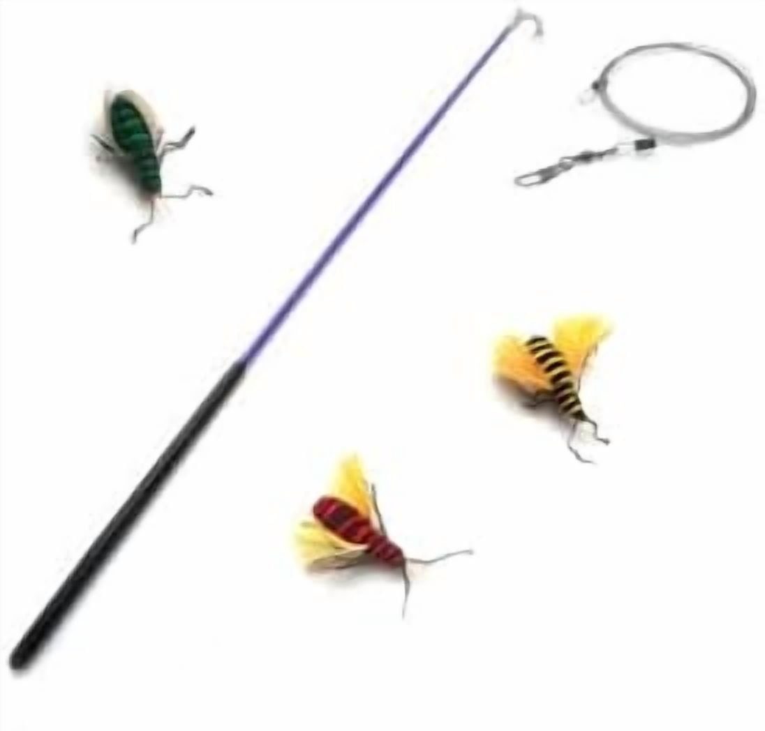 Kat Fly 2 Inch Handmade Cat Toy Teaser Bees and 21 Inch Purple Wand - 3 Pk Green, Red, Yellow, Natural Material Toys
