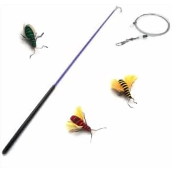 Kat Fly 2 Inch Handmade Cat Toy Teaser Bees and 21 Inch Purple Wand - 3 Pk Green, Red, Yellow, Natural Material Toys