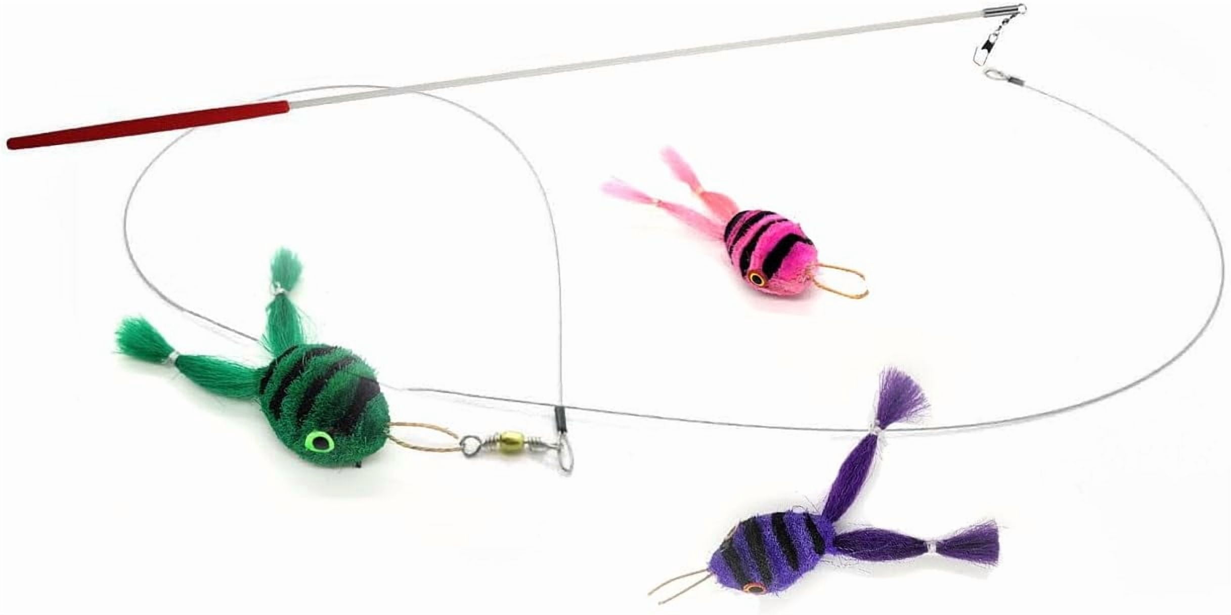 Kat Fly 3 Inch Handmade Cat Toy Teaser Wand Refill Frogs with 19 Inch White Wand - 3 Pack Green, Pink, and Purple Natural Material Toys
