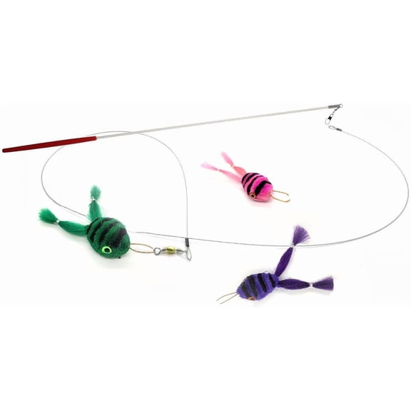 Kat Fly 3 Inch Handmade Cat Toy Teaser Wand Refill Frogs with 19 Inch White Wand - 3 Pack Green, Pink, and Purple Natural Material Toys