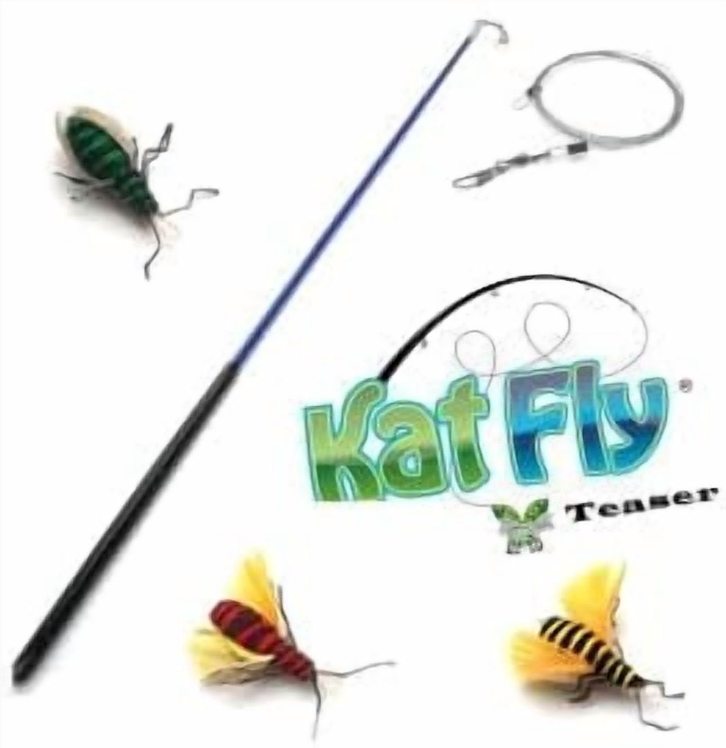 Kat Fly 2 Inch Handmade Cat Toy Teaser Bees and 21 Inch Blue Wand - 3 Pk Green, Red, Yellow, Natural Material Toys