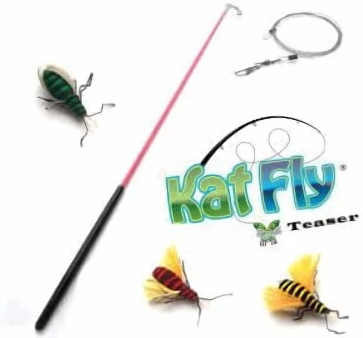 Kat Fly 2 Inch Handmade Cat Toy Teaser Bees and 21 Inch Pink Wand - 3 Pk Green, Red, Yellow, Natural Material Toys