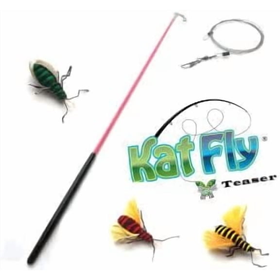 Kat Fly 2 Inch Handmade Cat Toy Teaser Bees and 21 Inch Pink Wand - 3 Pk Green, Red, Yellow, Natural Material Toys