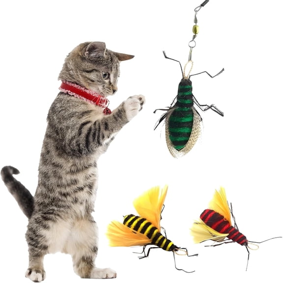 Kat Fly 2 Inch Handmade Cat Toy Teaser Wand Refill Bees - 3 Pack Green, Red, and Yellow Natural Material Toys
