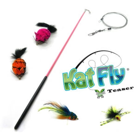 Kat Fly 4 Pack Handmade Cat Toy Refill Kit with 21 Inch Wand (Pink Wand)