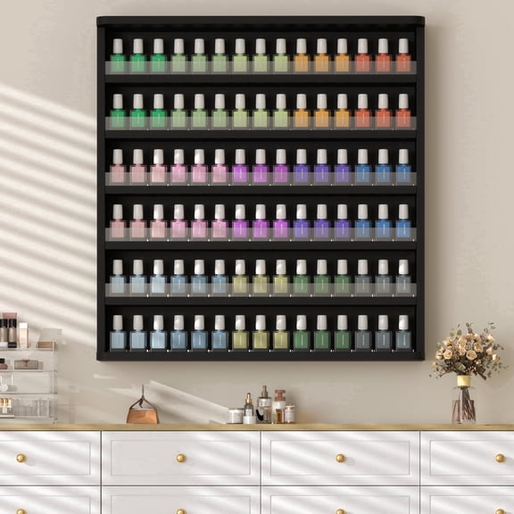 Katalora  6-Tier Wooden Nail Polish rack Wall Mounted, 23.63" Nail Polish Organizer Display Rack,Nail Polish Holder Shelf for Salon,Home Manicure Room,Vanity Storage (Black)