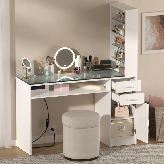 Katalora Manicure Table with 5-Tier Storage Shelves,Nail Desk with Power Outlet,Smooth Glass Top Salon Workstation with Drawers,Cabinet and Wrist Rest,White