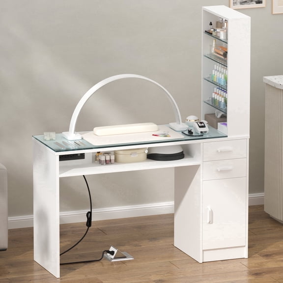 Katalora Manicure Table with 5-Tier Storage Shelves,Nail Desk with Power Outlet,Smooth Glass Top Salon Workstation with Drawers,Cabinet and Wrist Rest,White