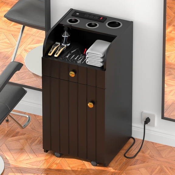 Katalora Rolling Salon Station with Power Outlet, Black Barber Trolley Cart with 3 Tool Holders, Mobile Salon Storage Cabinet for Hair Tools, Salon, Barber Shop, Spa, Home Studio