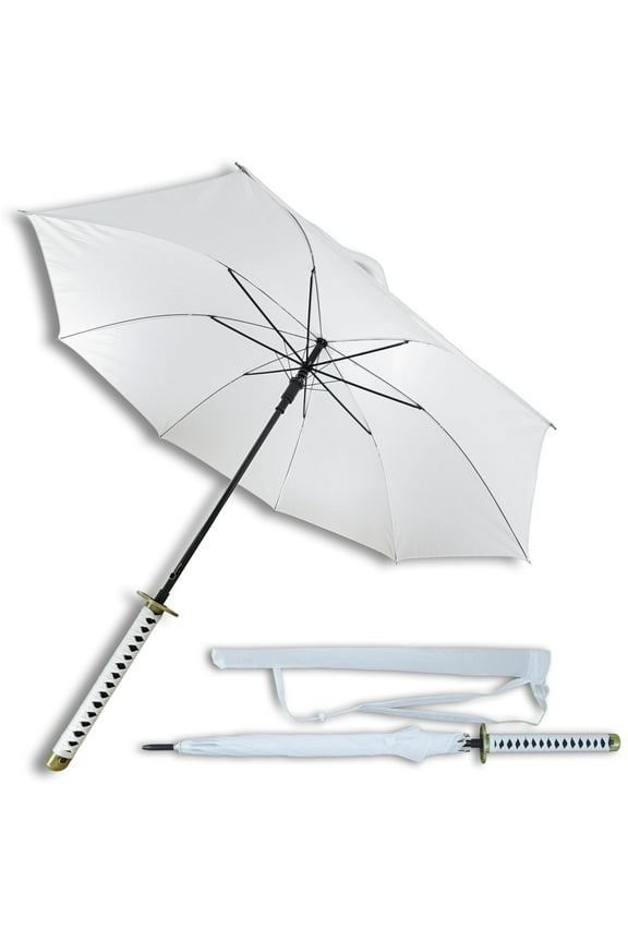 Katana-Style Umbrella with White Canopy 39" Samurai Sword Handle, Faux Ray Skin Grip, Cotton Wrap, and Matching Polyester Cover for Collectors & Everyday Use