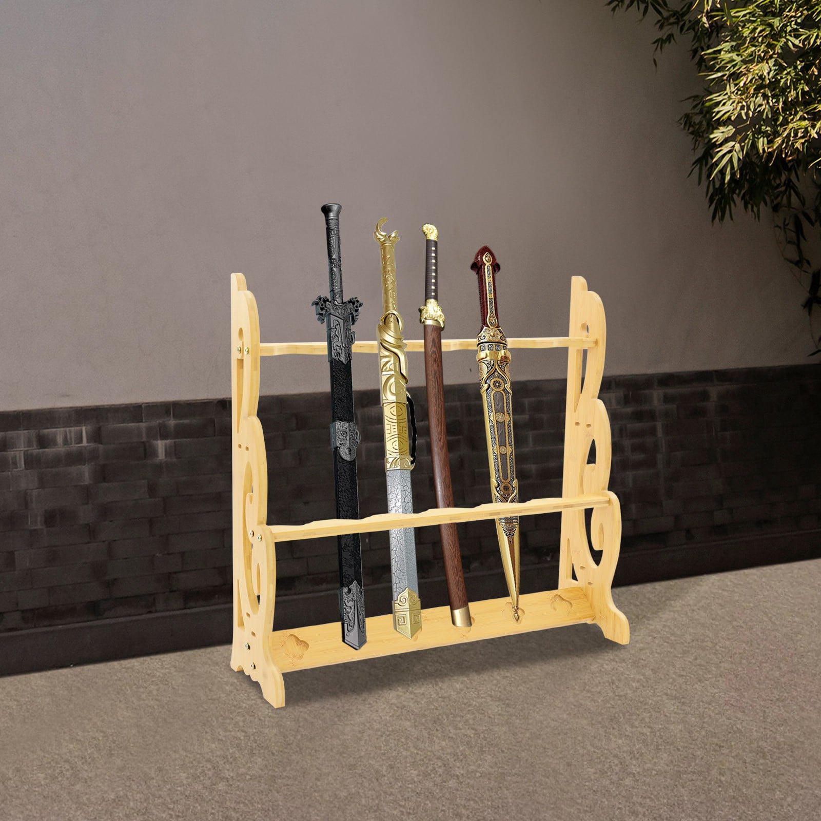 Katana Sword Stand, 6 Slot Vertical Wall Mount Display Rack, Natural Wood Color for Samurai Swords and Lightsabers, 55lbs Capacity Durable Storage Holder