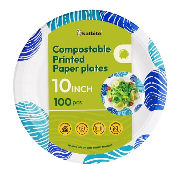 Katbite 10-Inch Biodegradable & Compostable Disposable Paper Plates - 100 Count