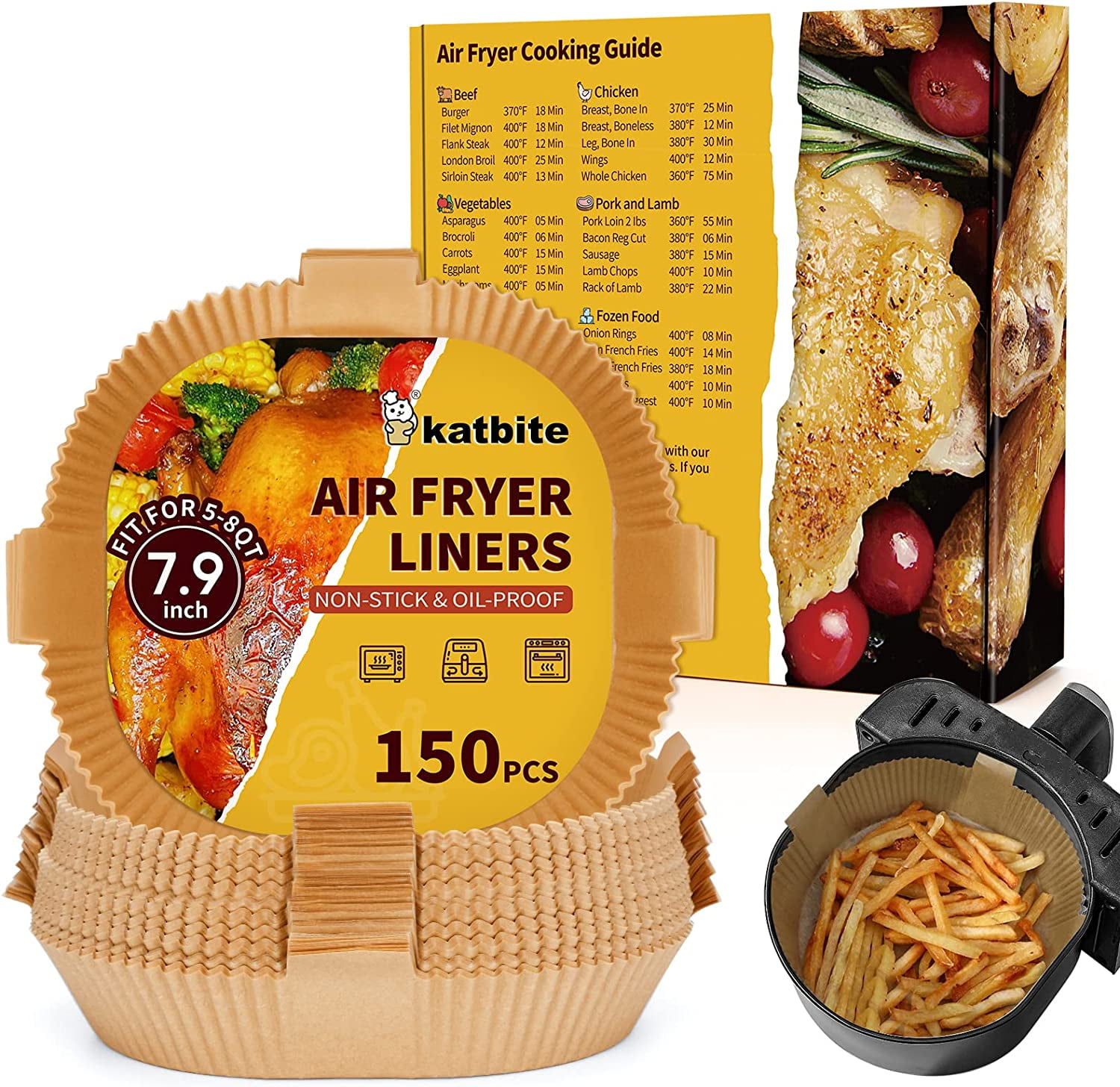 Katbite 150PCS Air fryer Dispasable Paper Liner 7.9inch Non-Stick Parchment Airfryer Liners Oil-Proof Unbleached Baking Paper