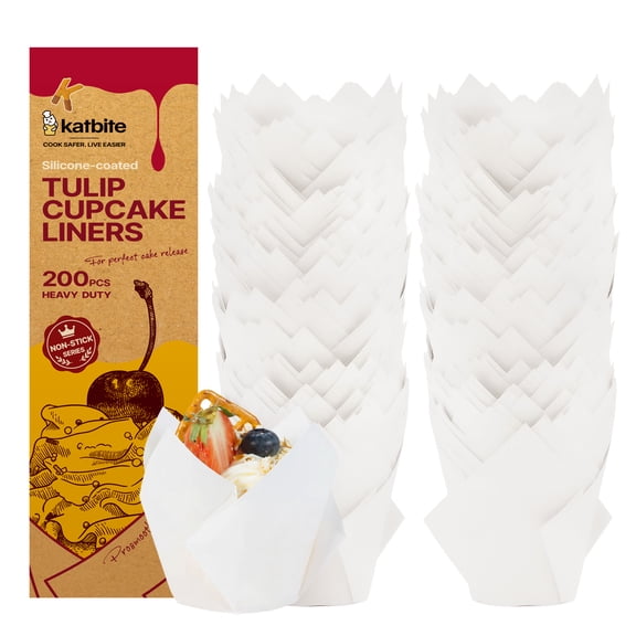 Katbite 200 Pcs White Tulip Cupcake Liners, Standard Size, Non-Stick, Greaseproof, Food-Grade Baking Cups