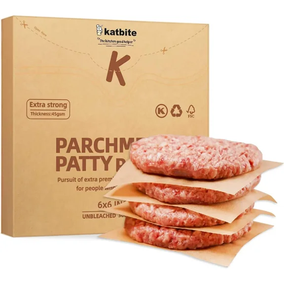Katbite Parchment Patty Paper, Unbleached, 6 x 6 in Square, 300 Count, Heavy Duty, Non-Stick