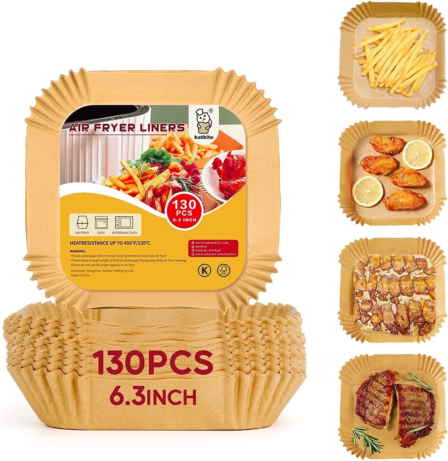 Katbite Air Fryer Paper Liners, 6.3 in Square, 130 Count, Unbleached, Non-Stick, Oil-Proof, Disposable