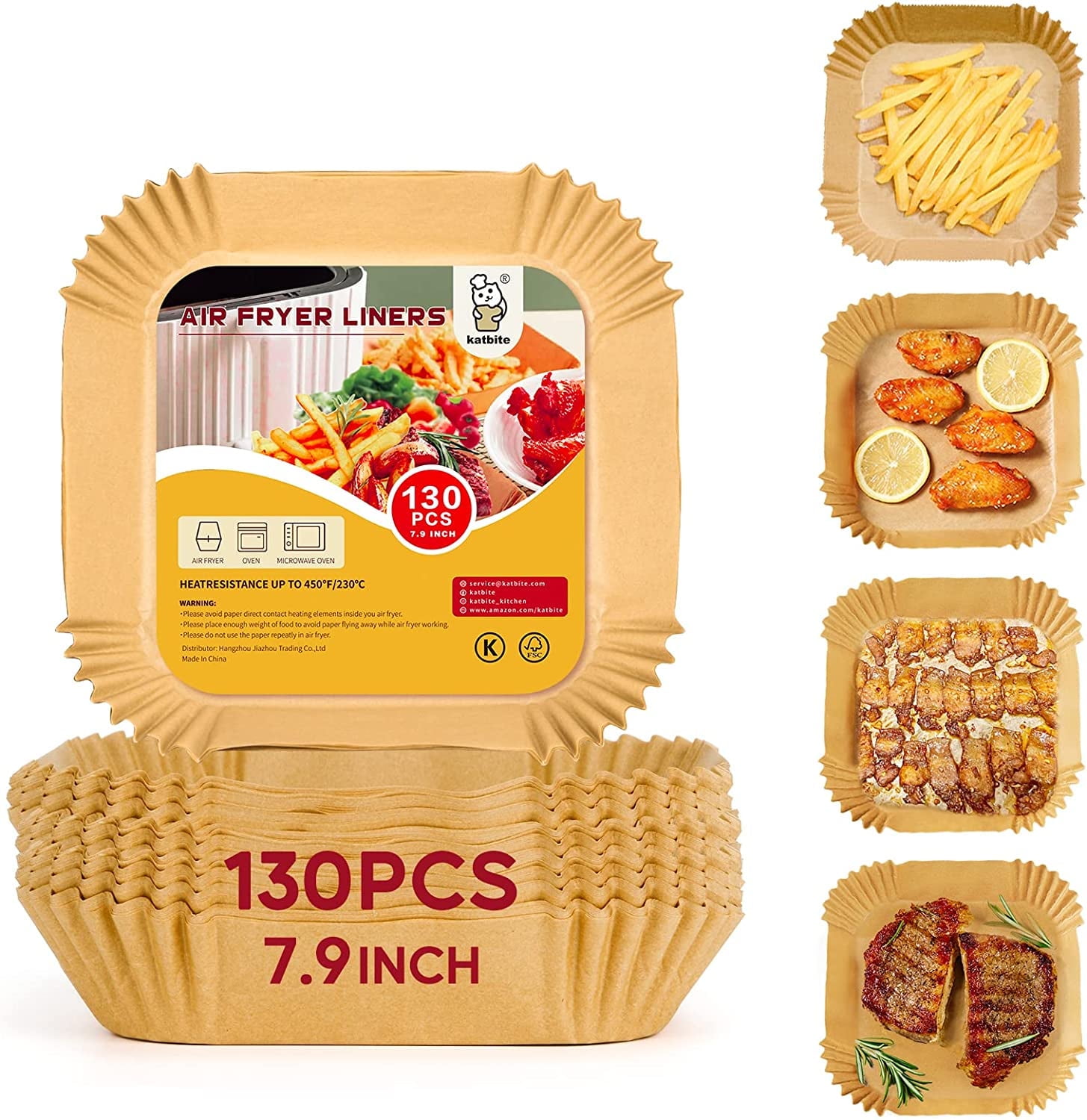 Katbite Air Fryer Paper Liners, Unbleached Parchment, 7.9 in Square, 130 Count, Non-Stick, Oil-Proof