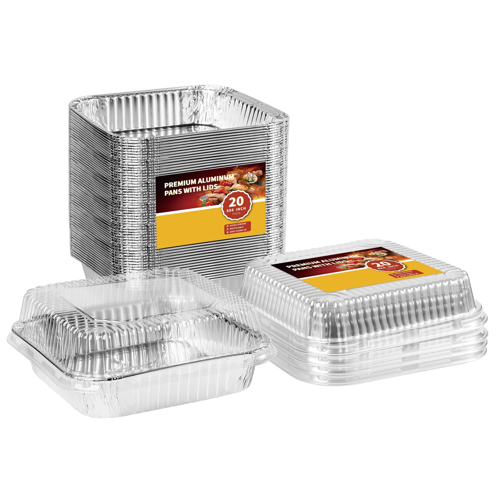 Stock Your Home (20 Pack 8x8 Disposable Baking Pans with Lids, Heavy Duty  Square Aluminum Cake Pan with Lid, Foil Trays with Clear Plastic Cover,  Food