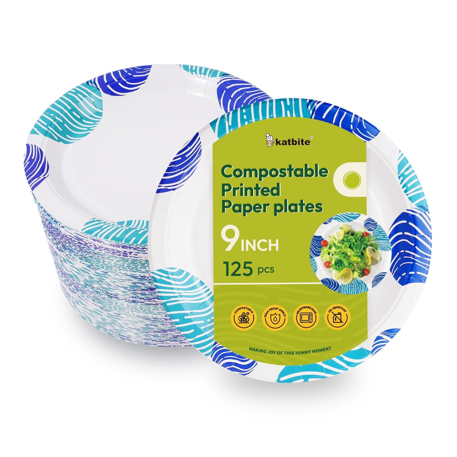 Katbite 9-inch Compostable Paper Plates, Biodegradable, 125-Count