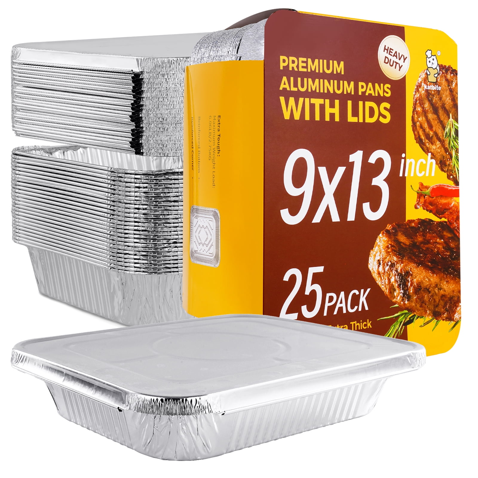 Katbite 9x13 Disposable Aluminum Foil Pans With Lids(25 Packs)Foil  Baking Pans Rectangular Aluminum Foil Baking Pans