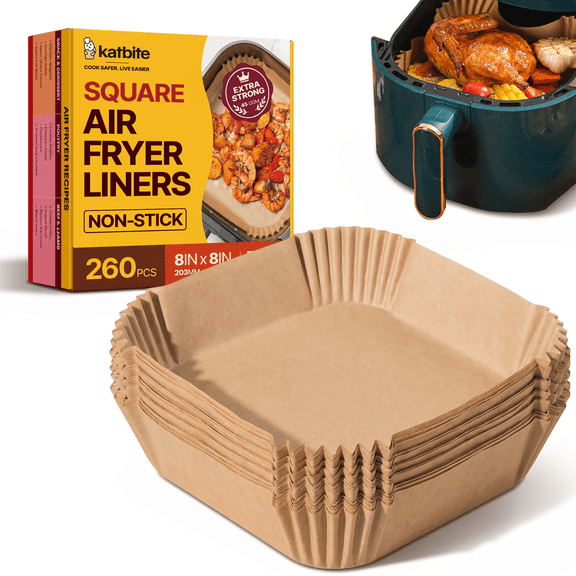 Katbite Air Fryer Liners, 8x8 Inch Unbleached Parchment Paper, 260 Count, Greaseproof,Non-Stick Disposable