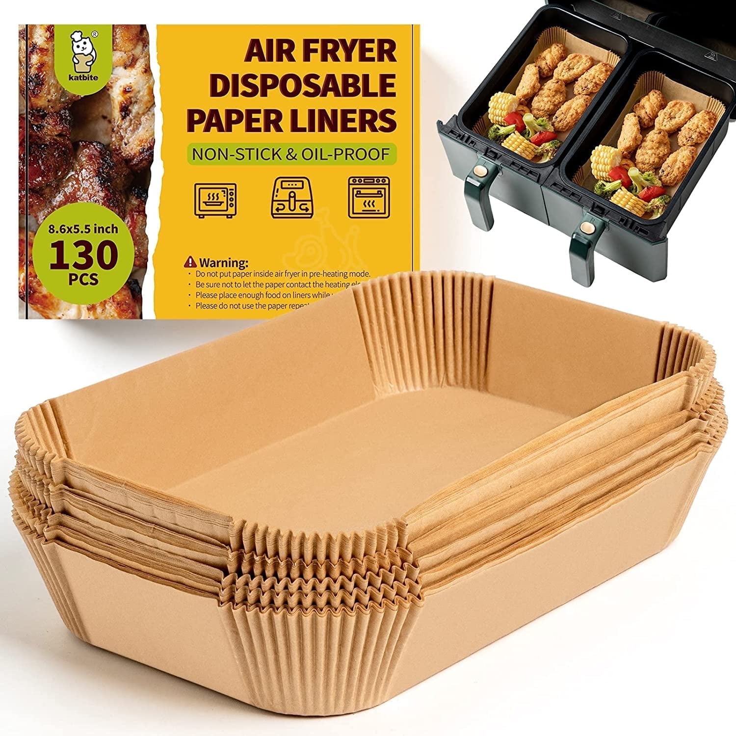 Katbite Silicone Paper Inserts, 130PCS 8.6x5.5'' Rectangle Air Fryer Liners Disposable