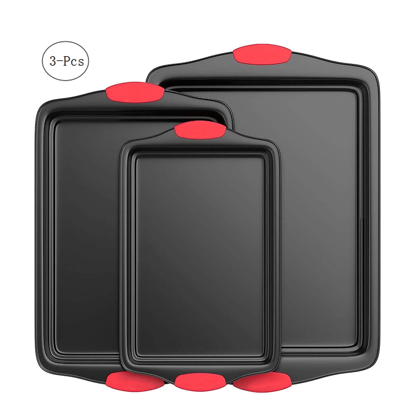 3-Piece Non-Stick Carbon Steel Baking Sheet Pan Set with Red Silicone Handles