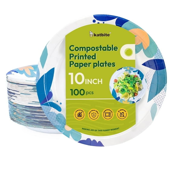 Katbite 10-inch Disposable Paper Plates, Compostable, 100 Count