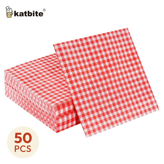 Katbite Disposable Paper Napkins Gingham Red and White, 6.5 inch, 50 Pcs