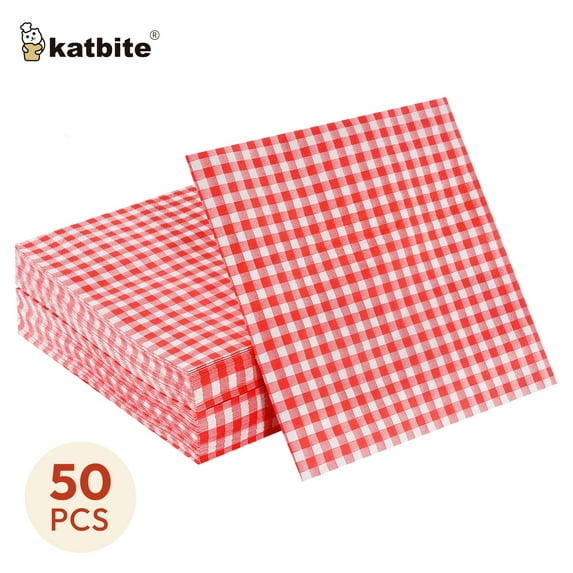 Katbite Disposable Paper Napkins Gingham Red and White, 6.5 inch, 50 Pcs