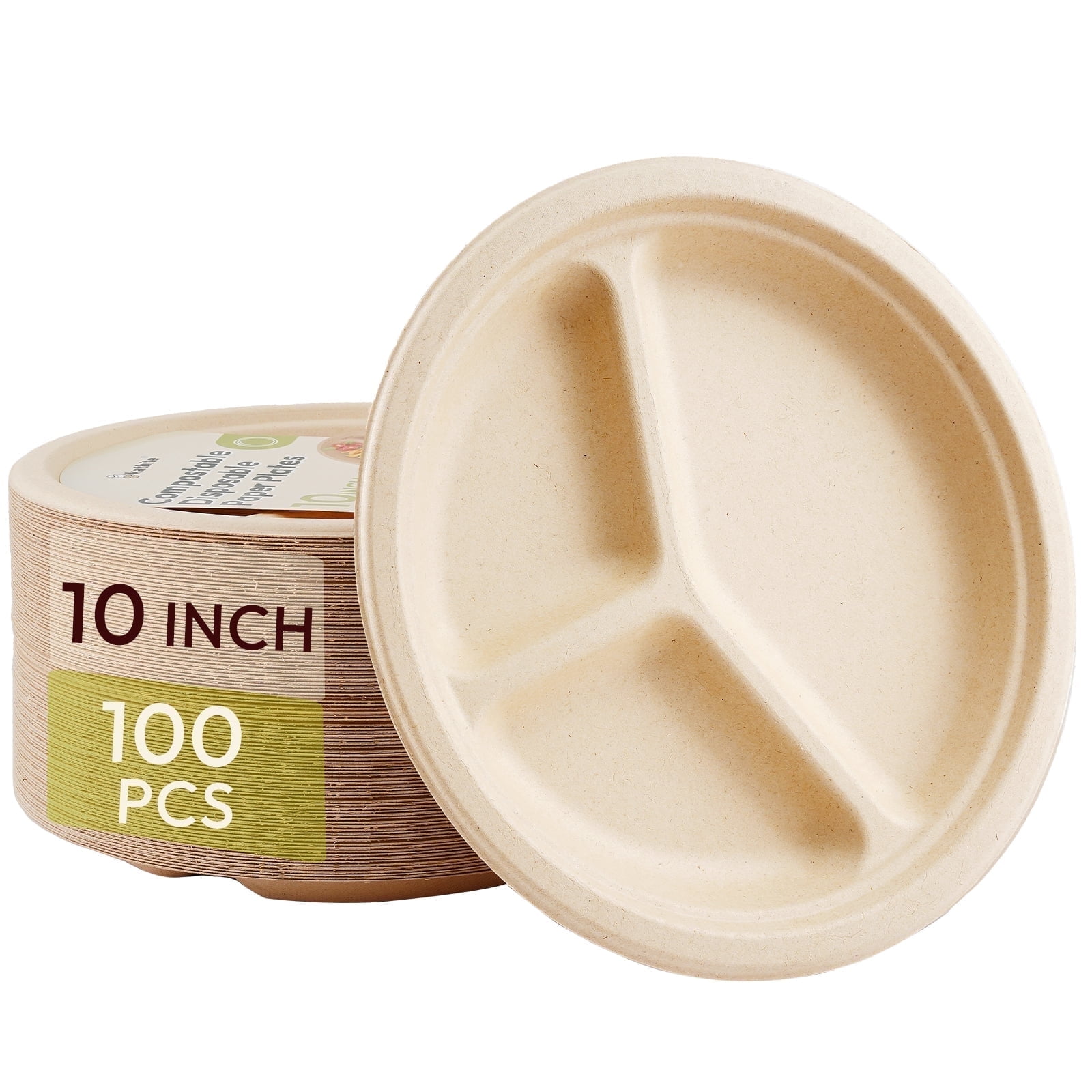 Katbite Disposable Paper Plates 3-Compartment Plates, 10 Inch, 100 Count