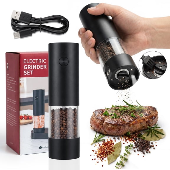 Katbite Electric Salt and Pepper Grinder Set, Battery Powered Mill, Adjustable Coarseness, LED Light