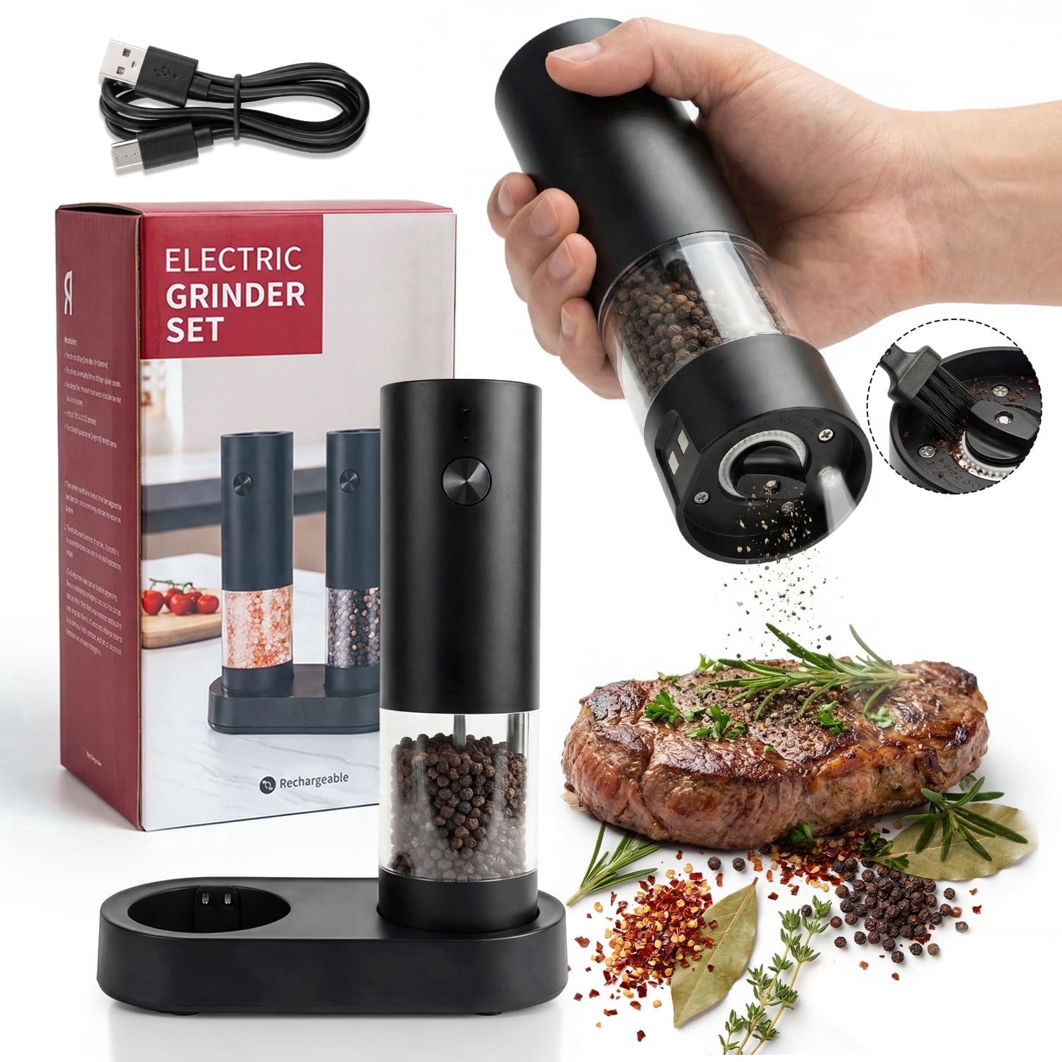 Katbite Electric Salt and Pepper Grinder Set, Battery Powered Mill, Adjustable Coarseness, LED Light