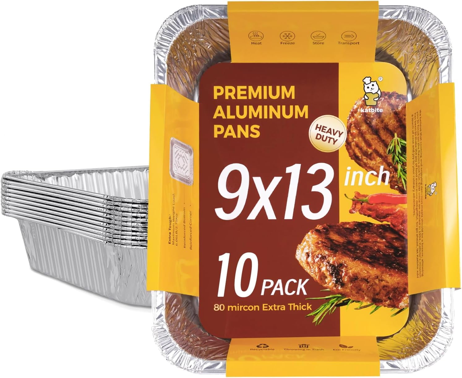Katbite Heavy Duty 9x13 Aluminum Foil Pans, 10-Pack Disposable Baking Tray Set