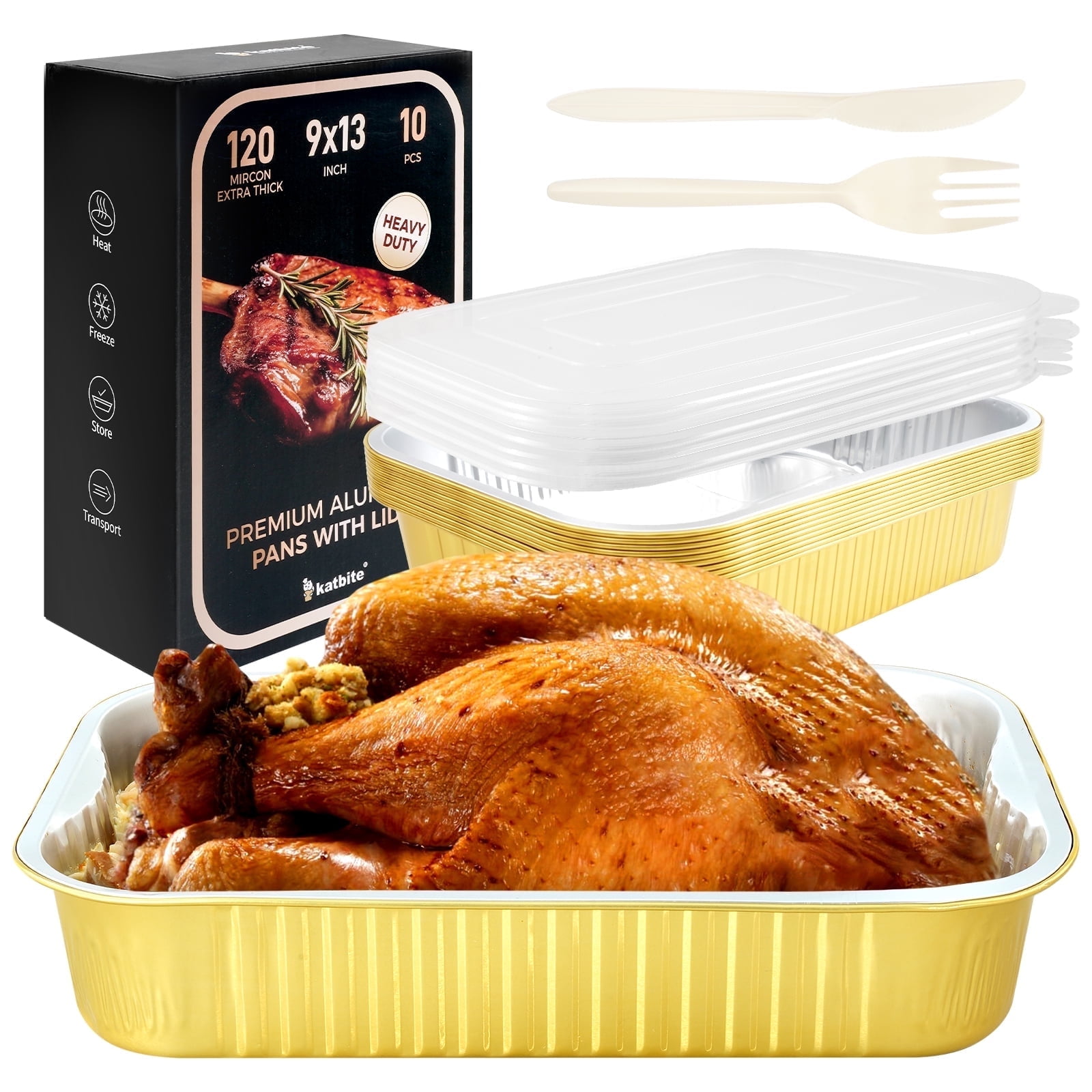 Katbite 9"x13" Heavy-Duty Aluminum Pans with Lids (10 Pack), Double Thick, Durable Tin Foil Food Containers