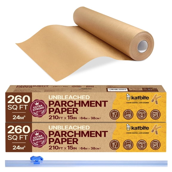 Katbite Heavy Duty Parchment Paper Roll, Non-Stick Unbleached Baking Paper, 15 in x 210 ft, 260 Sq Ft, Brown,2-Pack
