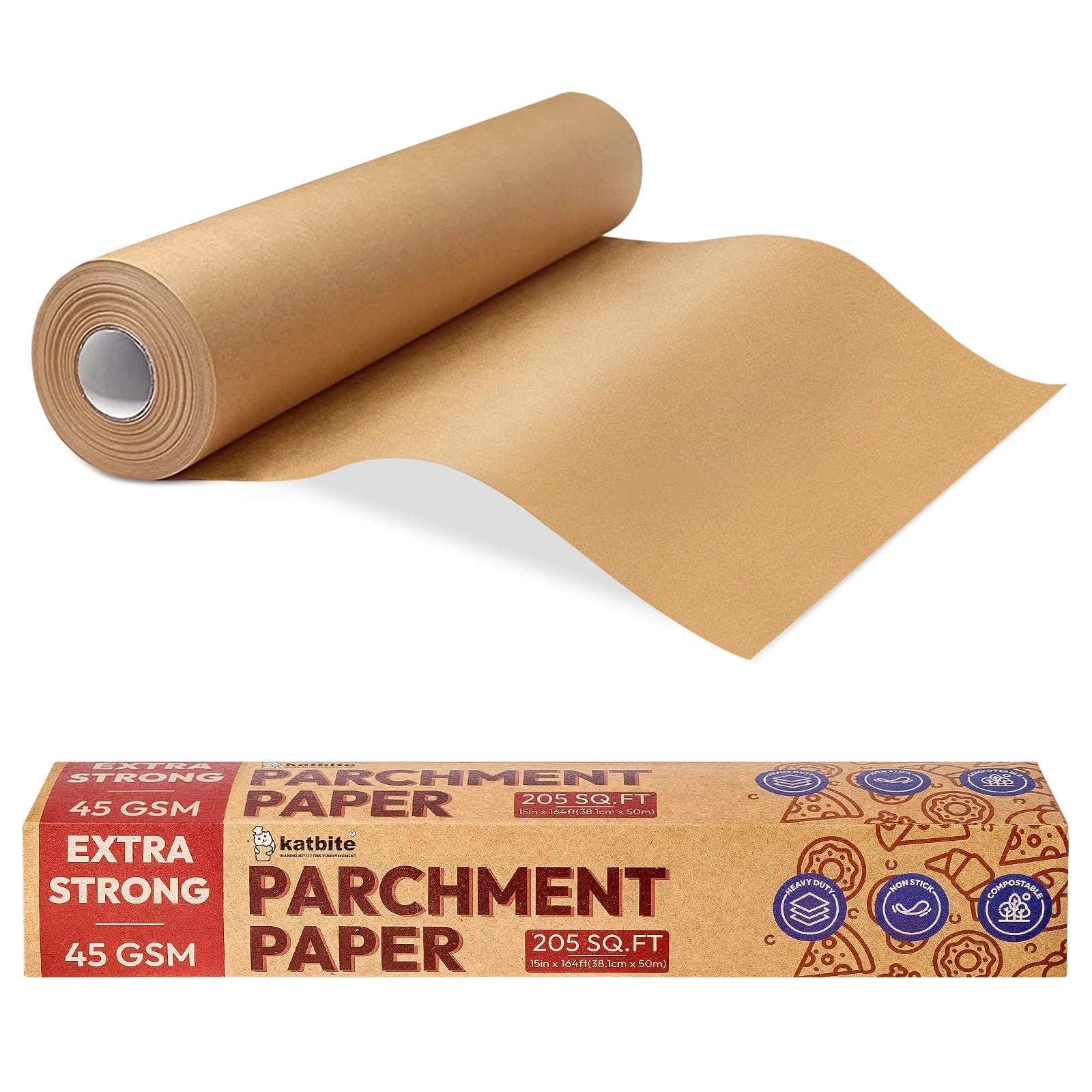 Katbite Heavy Duty Unbleached Parchment Paper Roll for Baking, 15 in x ...