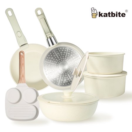 Katbite Nonstick Cookware Set 8Pcs - Detachable Handle,Induction Safe, Stackable & Oven-Friendly, Cream White