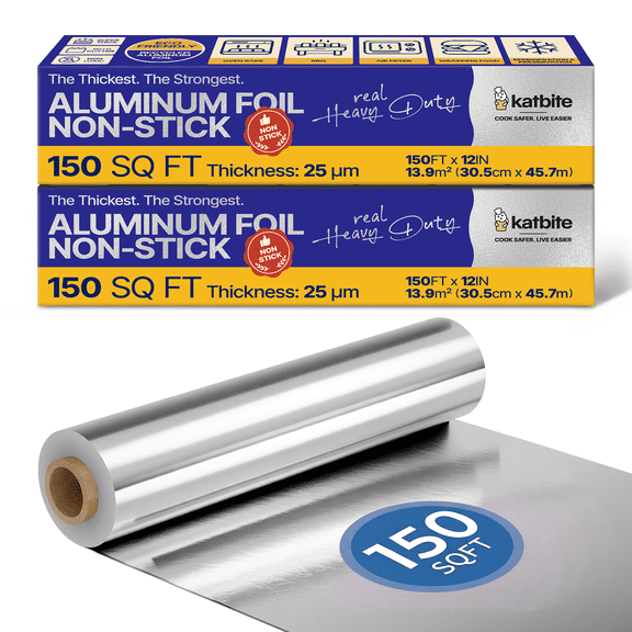 Katbite Non Stick Heavy Duty Aluminum Foil Roll 2 Pack, 12 in x 150 Sq Ft, 25 Micron Food Safe Foil Wrap for Cooking, Grilling, Baking and Storage