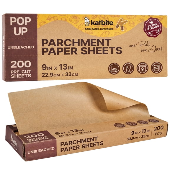 Katbite Heavy Duty Pop-Up Parchment Paper Sheets, 9 x 13 inch, 200 count, Unbleached Non-Stick Precut Baking Paper