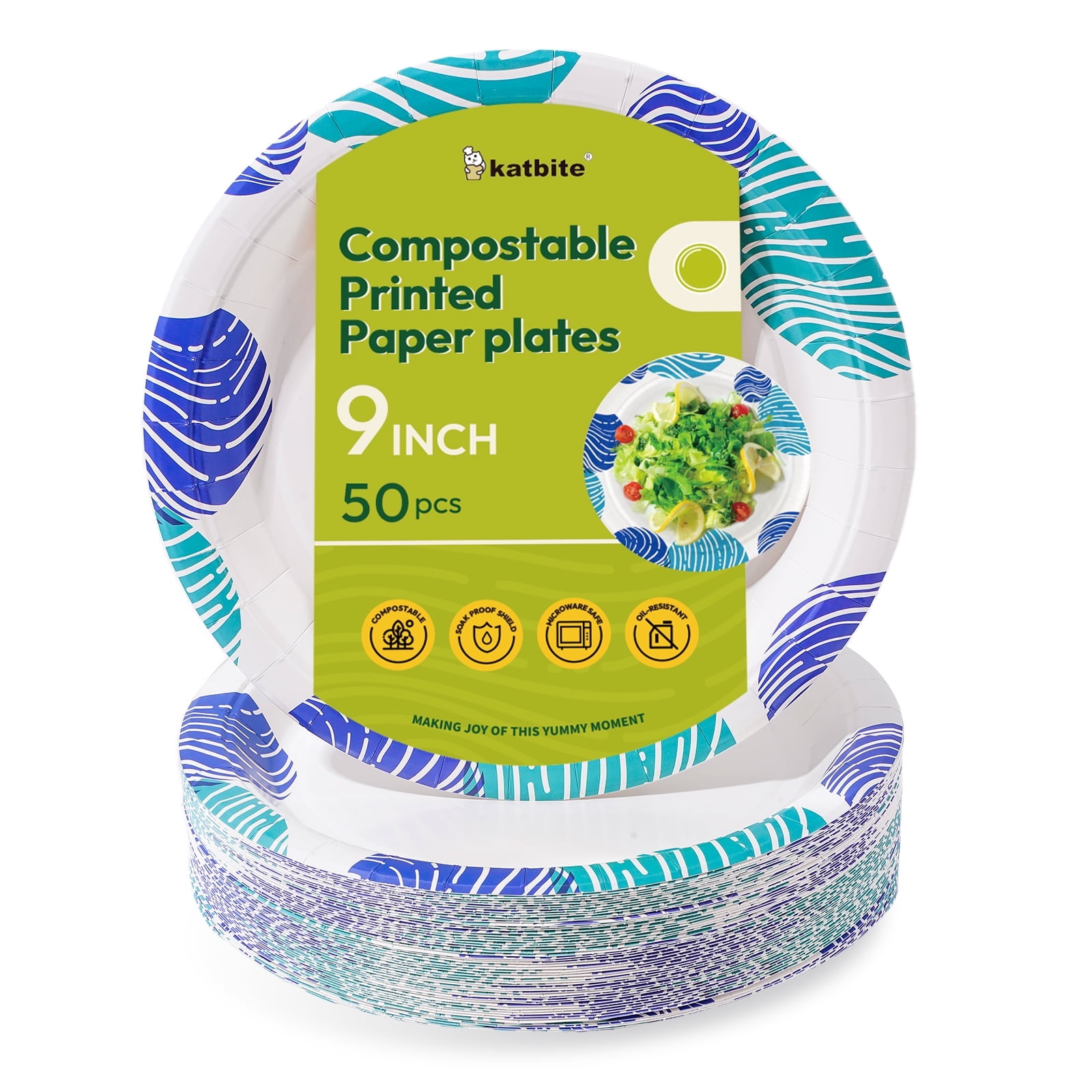 Katbite Round 9-inch Biodegradable Compostable Paper Plates, 50-Count Eco-Friendly Tableware