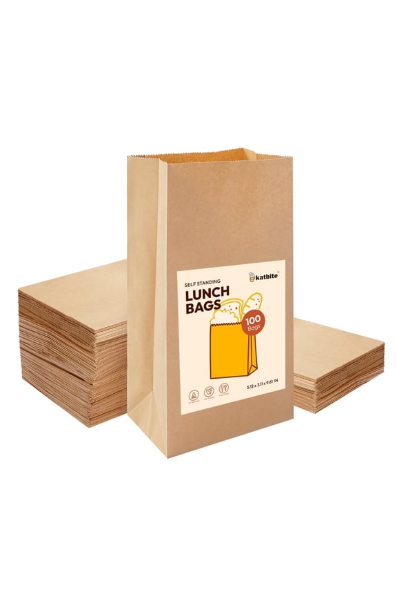 Self-Standing Disposable Paper Lunch Bags, Fold-Top Closure, 5.12 inch, 100 Count, Snack and Bread Bag