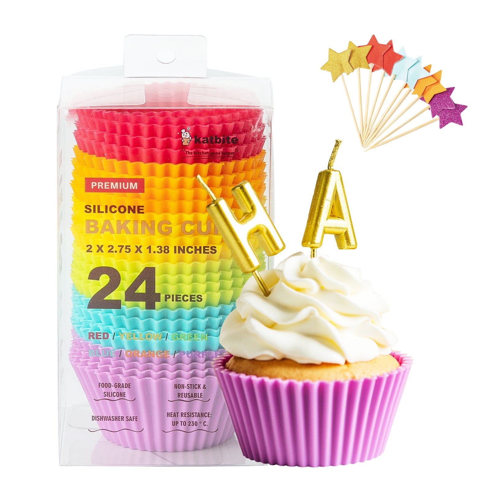 Katbite Silicone Cupcake Liners, 24 Count Cupcake Baking Cups, Rainbow Multi-Color