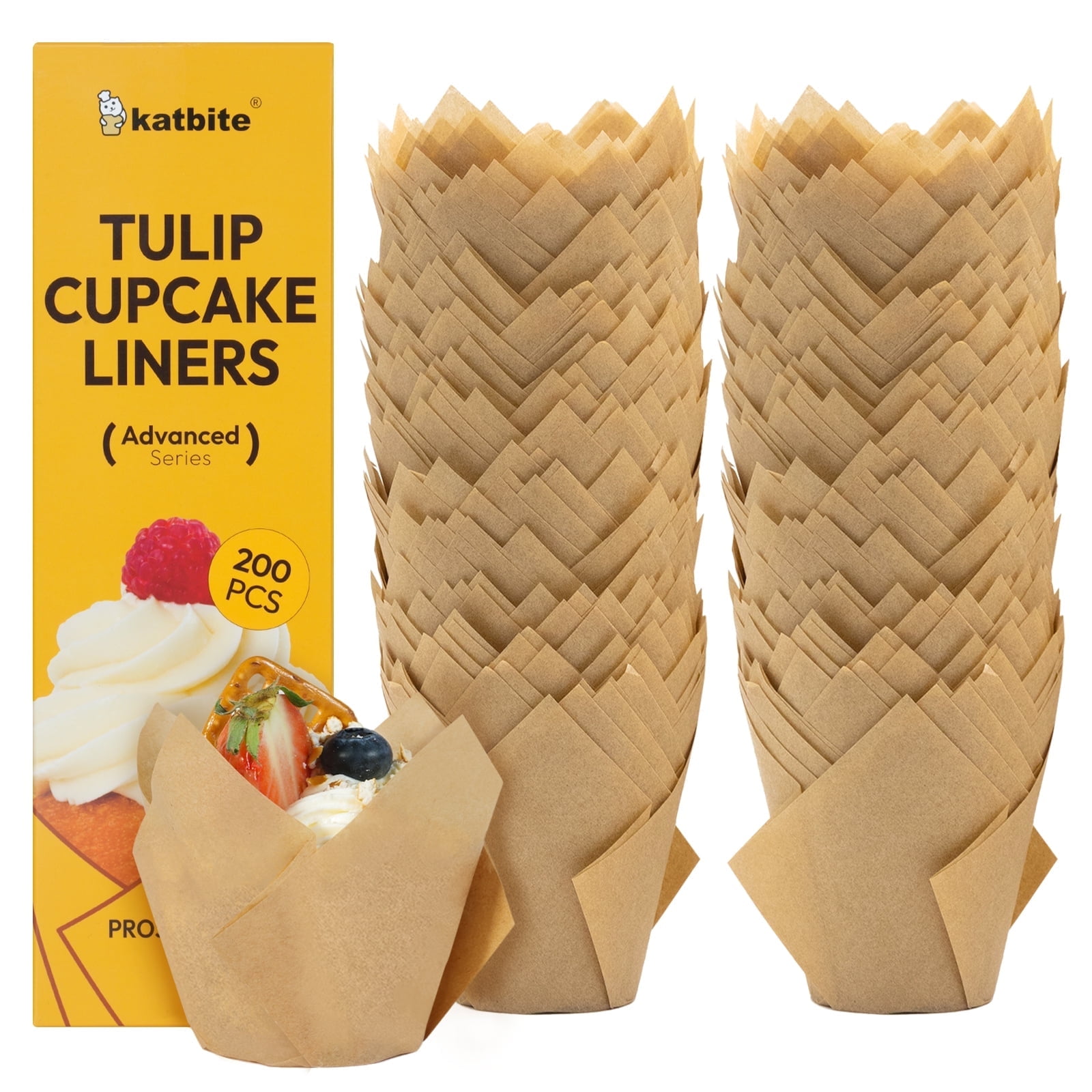 Katbite 200 Pcs Natural Tulip Cupcake Liners, Food-Grade, Double-Sided Silicone Coated，Standard Size，Khaki