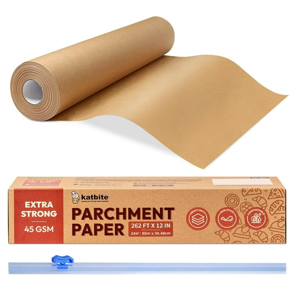 Katbite Unbleached Parchment Paper Roll for Baking, 12in x 262ft, 260 Sq.Ft, Brown with Slide Cutter