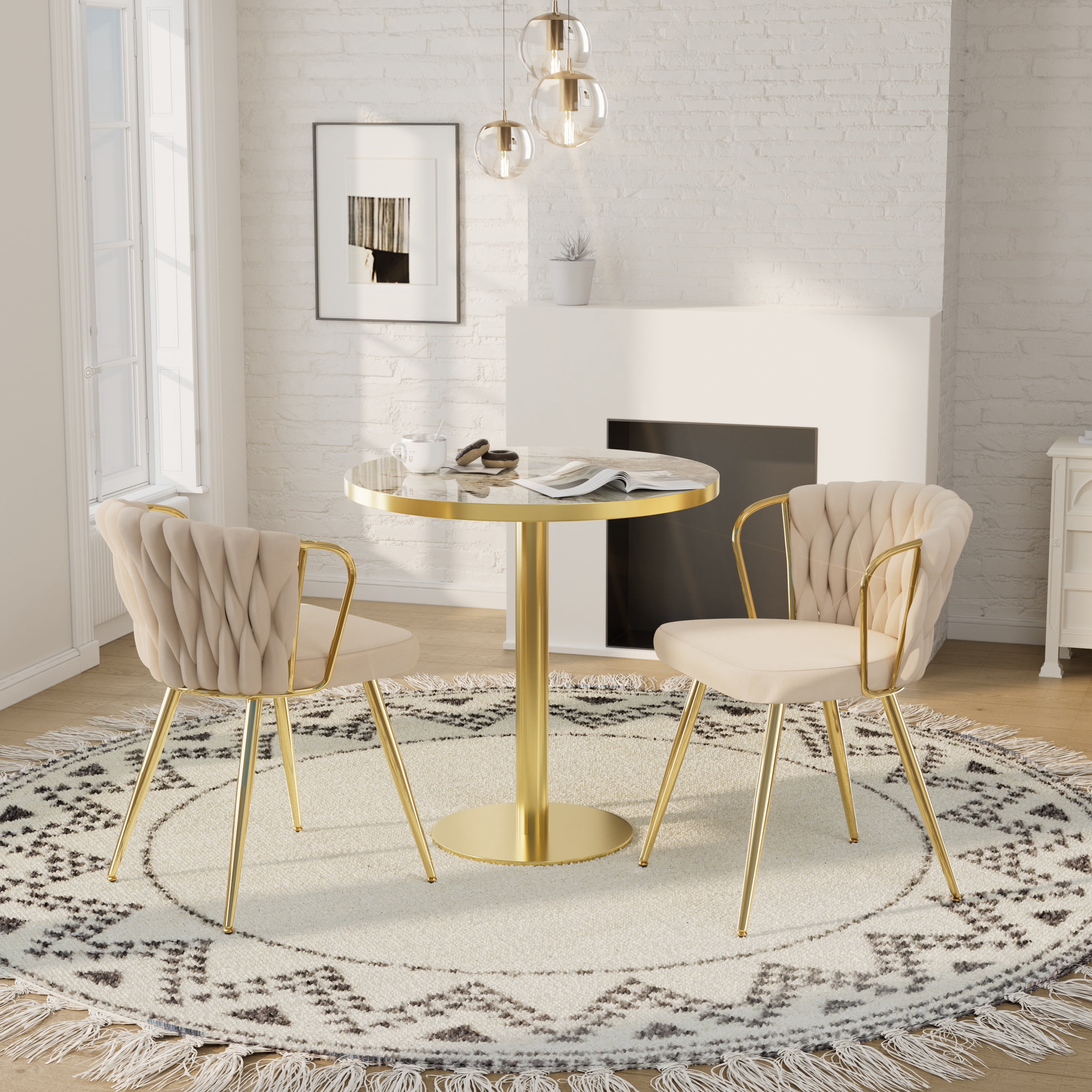 Katboc 31.5in Round Modern Dining Table Set with 2 Accent Chairs, Faux ...