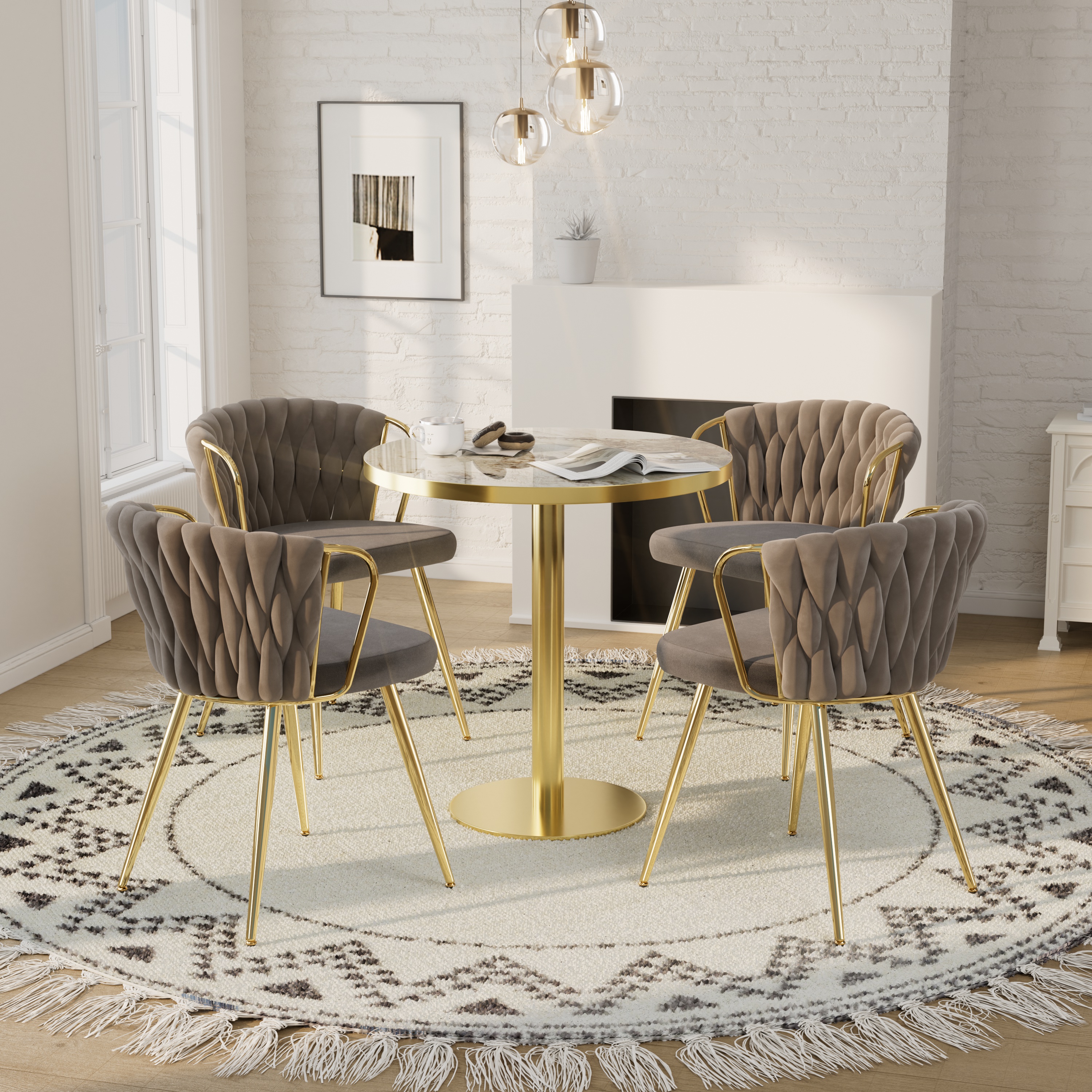 Katboc 31.5in Round Modern Dining Table Set with 4 Accent Chairs, Faux ...