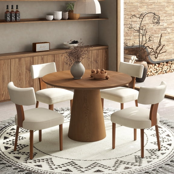 Katboc 43in Circular Dining Table and 2 Chairs Set, Modern Minimalist Round Table with Linen Fabric Armless Chairs, Walnut Table Black Chairs for Dining Room Living Room Family Gathering, Beige