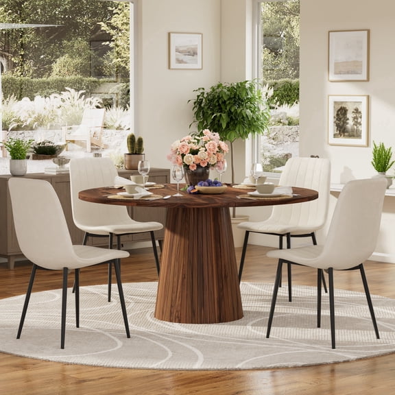 Katboc 47.24" 5/7PCS Dining Table Set, Round MDF Farmhouse Table & Set of 4/6 velvet Dining Chairs for Kitchen, Dining Room, Living Room