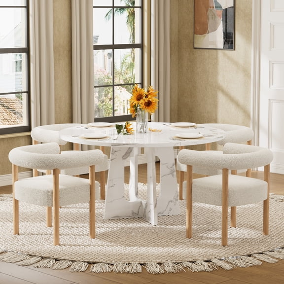 Katboc 47" Ancient Round MDF Dining Table Set with 4/6 White Teddy Fleece Chairs, Farmhouse Water-Resistant for Kitchen & Dining Room